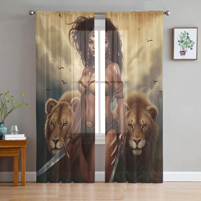 Transparente Vorhänge Afrikanische Savanne mit Löwen-Motiv aus Tüll, Voile und Organza, B: 135 cm, H: 115 cm - Bild 1