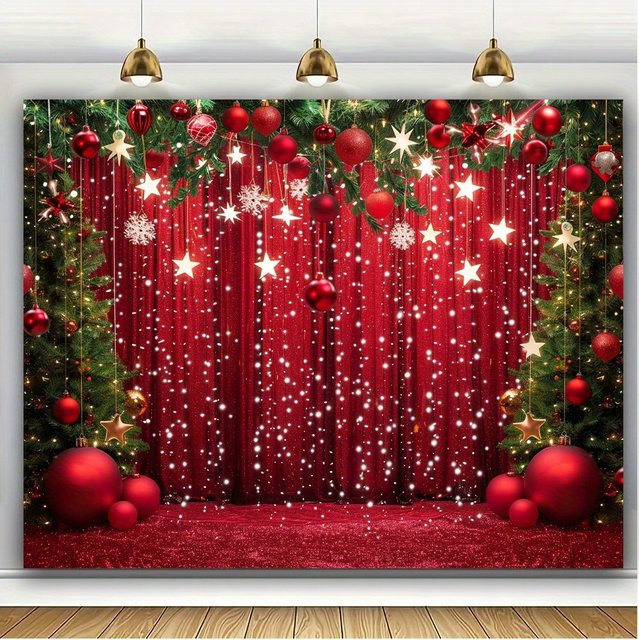 Fotohintergrund Frohe Weihnachten und frohes neues Jahr in Rot mit Schneeflocken und Weihnachtskugeln für Familienfeiern - Bild 1