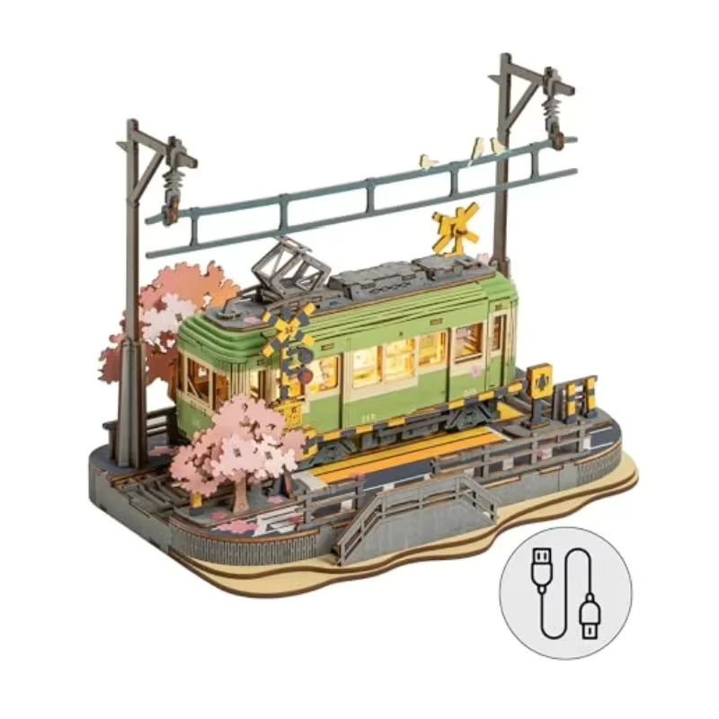 Robotime Sakura Journey Tram 3D-Holzpuzzle mit LED-Leuchten in Grün - Bild 6