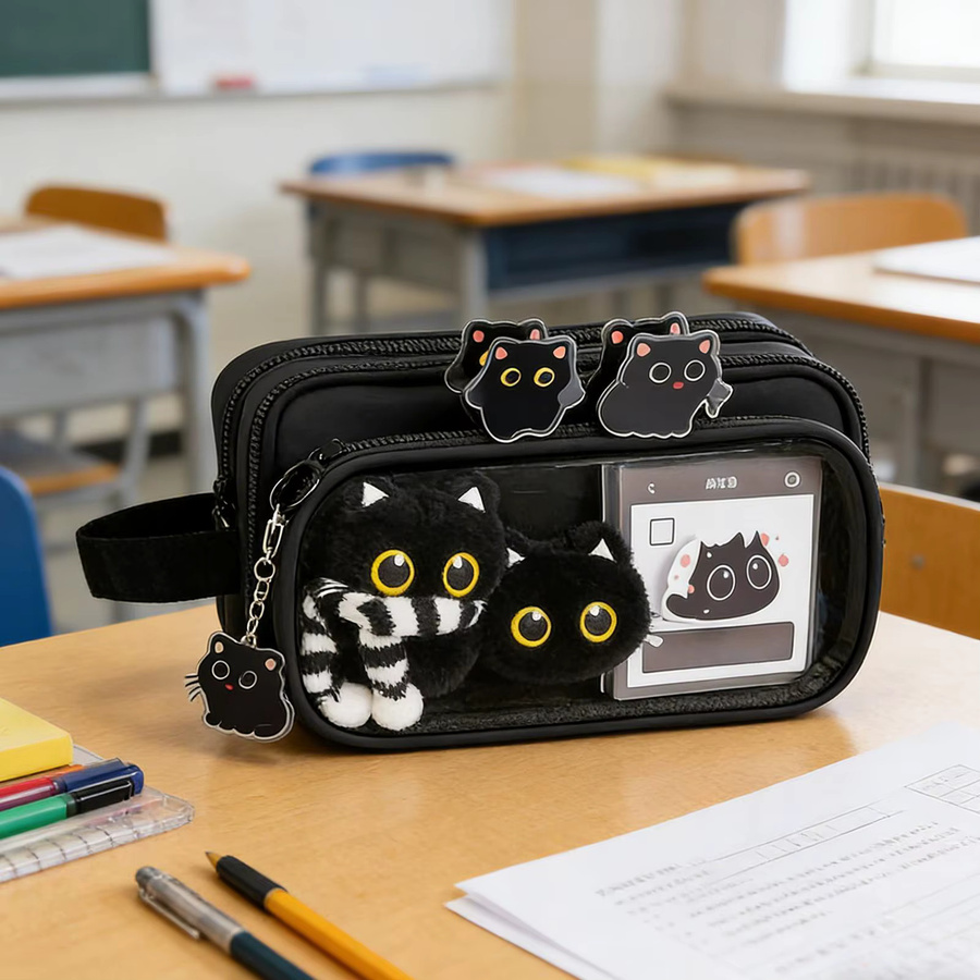 Schwarzes Katzen-Federmäppchen mit Haftnotizen und 10 Fächern für Kinder und Schulbedarf in Schwarz - Bild 4
