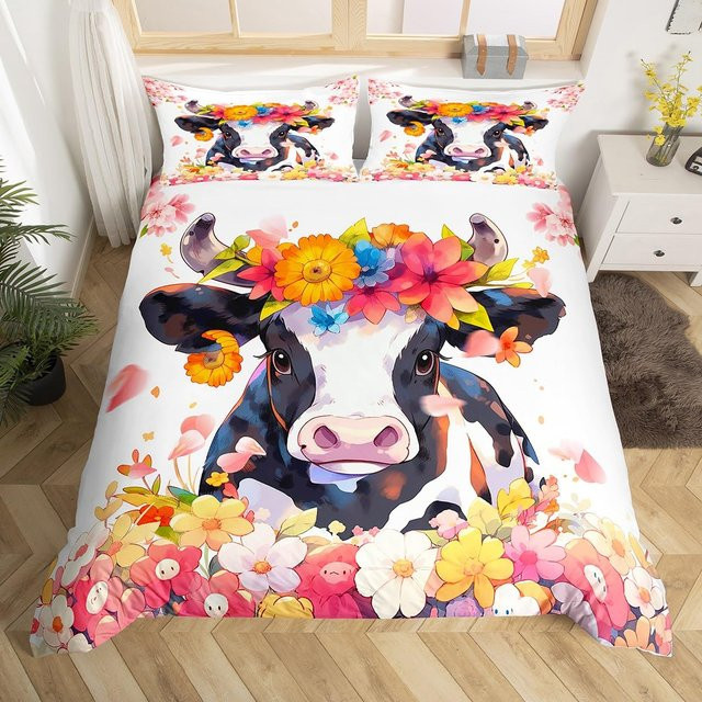 Your Warm Home Bettwäsche-Set Highland Cattle mit geometrischem Holzplanken-Design und Blumen, Farbe: Weiß, B/T/H: 135 x 200 cm, inklusive 2 Kissenbezüge (50 x 70 cm) - Bild 1