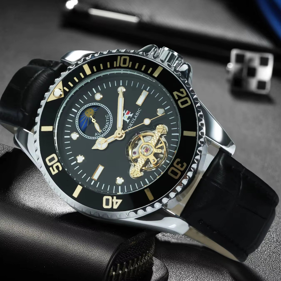 AOKULASIC Armbanduhr, Automatik, Skelett, Edelstahl, Leder, Herren - Bild 2