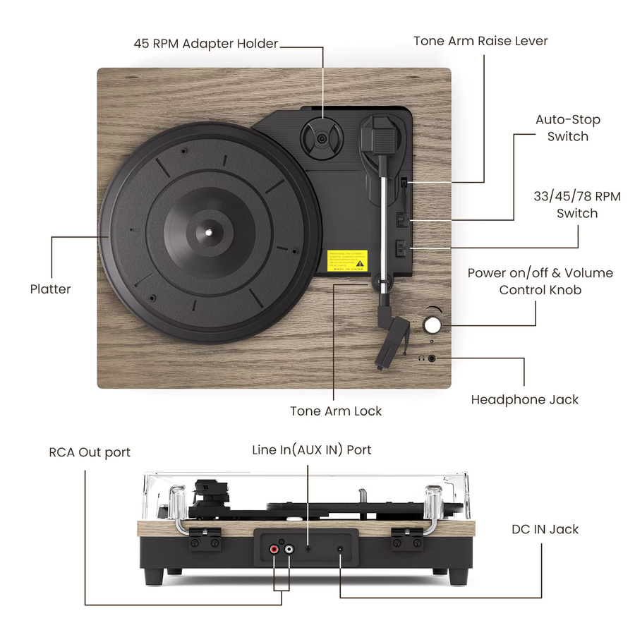 MAIO Plattenspieler in Braun, tragbarer Koffer-Plattenspieler mit integrierten Lautsprechern und 3-Gang-Vinyl-Funktion - Bild 6