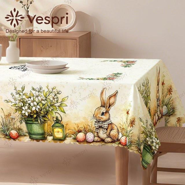 Vespri Oster-Tischdecke Rund aus Polyester in Gelb-Grün mit Hasen, Laternen und Blumen im Country-House-Stil - Bild 1