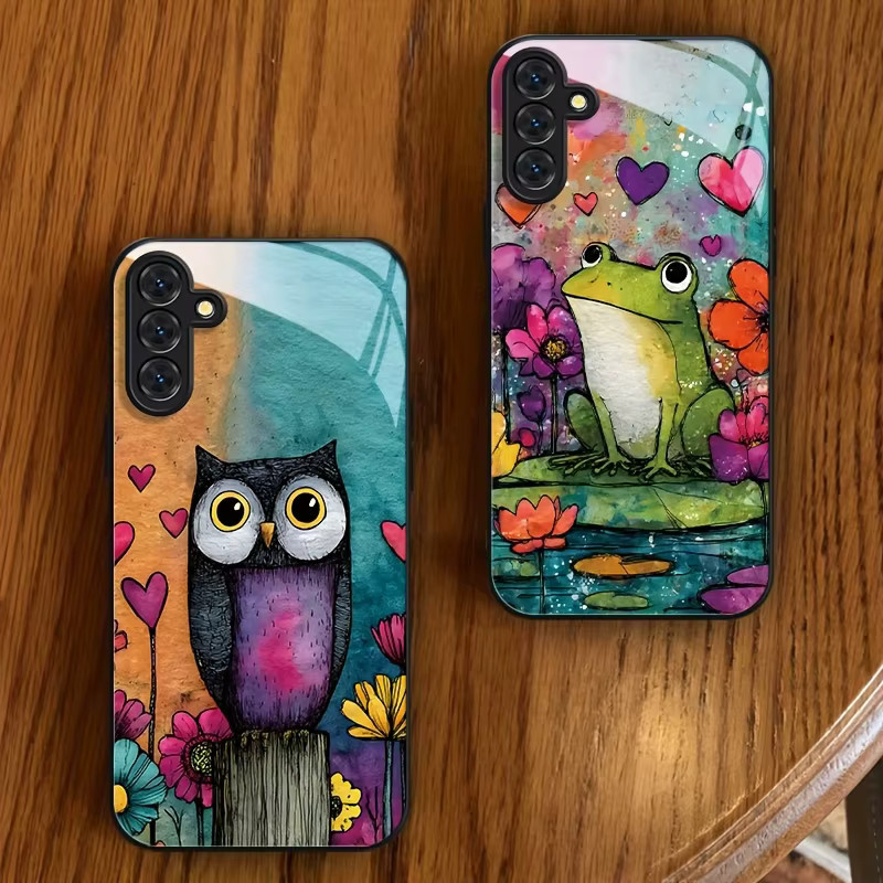 Owl Frog Art Luxus-Handyhülle mit Glas und schwarzem Rahmen für Samsung Galaxy S26 S25 S24 S23 S22 S21 und weitere Modelle, Multicolour - Bild 2