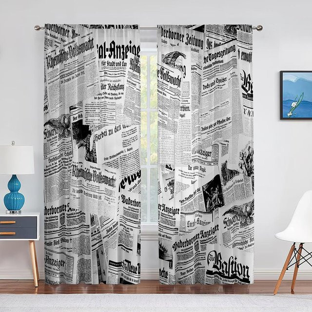 Transparenter Vorhang im Vintage-Stil mit Zeitungskunst-Design von Binchi Outdoor Equipment, Farbe: Weiß/Transparent, B: 100 cm, H: 250 cm - Bild 1