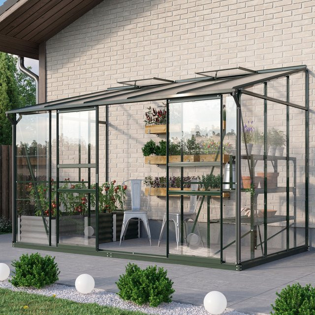 Vitavia Anlehn-Gewächshaus Osiris 6500 in Smaragdgrün mit 6,5 m² Fläche, Pultdach und Doppel-Schiebetür aus Aluminium und Sicherheitsglas - Bild 1
