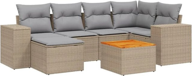 vidaXL 7-teilige Garten-Sofagarnitur in L-Form aus Poly-Rattan und Akazienholz in Beige-Grau mit wetterfesten Kissen - Bild 1