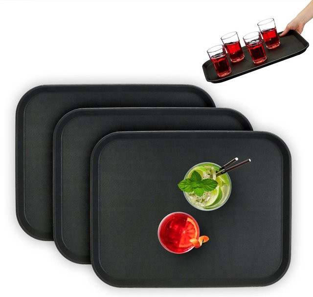 Relaxdays Serviertablett 3er Set aus Kunststoff und Gummi, Schwarz, Rutschfest und Stapelbar, B/T/H: 46 x 35 x 2 cm - Bild 1