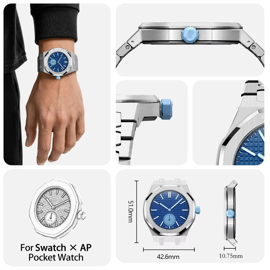 Soul Cool Full-Coverage-Mod-Kit für Swatch X AP Royal POP Pocket Changer, Edelstahlgehäuse, Kautschuk- und Stahlarmband, Silber, Unisex - Bild 2