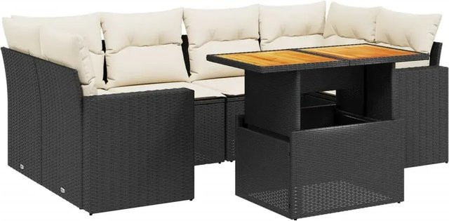 vidaXL 7-teilige Garten-Sofagarnitur in L-Form aus Polyrattan und Akazienholz mit Kissen, Schwarz - Bild 1