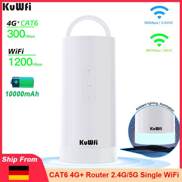 KuWFi Tragbarer CAT6 4G LTE Router mit 10000mAh Akku und LED-Beleuchtung, Dual-Band WLAN Hotspot 1200Mbps in Weiß - Bild 1