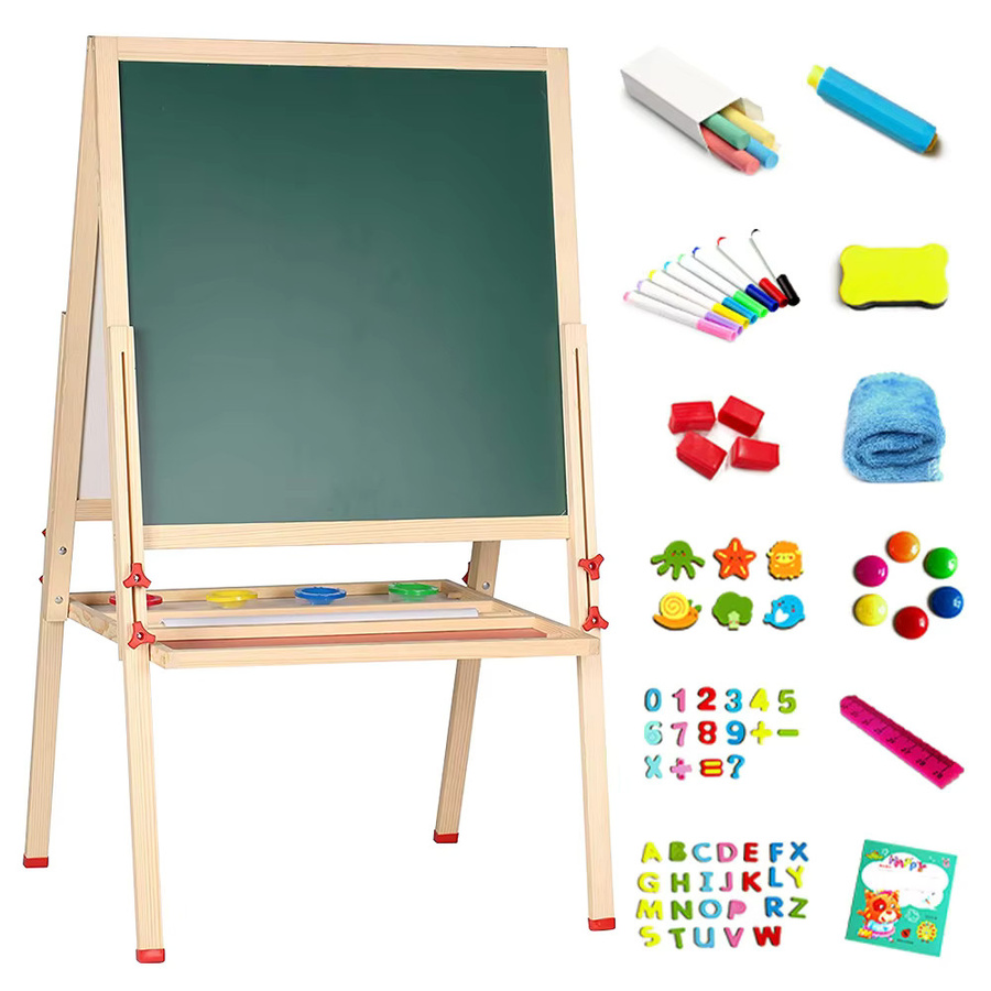 Doppelseitiges Holz-Malbrett für Kinder mit Whiteboard und Kreidetafel in Natur und Grün inklusive Zubehör - Bild 2