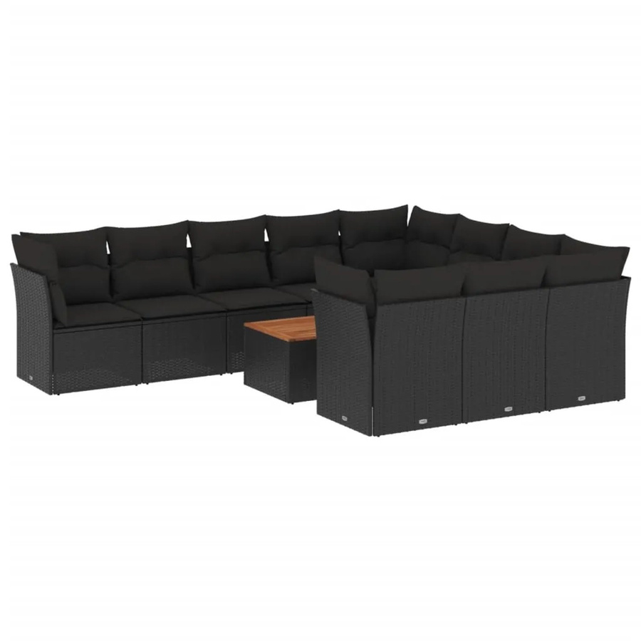 vidaXL 11-tlg. Garten-Sofagarnitur aus Poly-Rattan und Akazienholz in Schwarz mit Kissen und Gartentisch - Bild 2