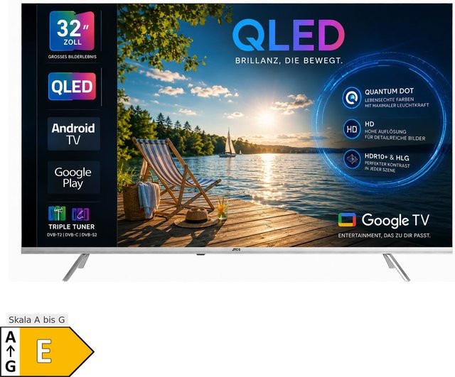 JTC QLED Smart Fernseher JTCSQ32H39330G, 32 Zoll, Android TV, Google Sprachsteuerung, Triple Tuner, Bluetooth, Rahmenlos-Design, Schwarz - Bild 1