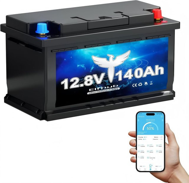 LiFePO4 Batterie 12V 140Ah H190 mit 1792Wh und Smart Bluetooth BMS für Wohnmobil Solar Camping in Schwarz und Violett, Höhe: 189 mm - Bild 1