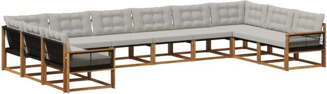 vidaXL Outdoor-Sofagarnitur in U-Form aus Akazienholz mit 10 Kissen, Farbe Natur und Hellgrau - Bild 1
