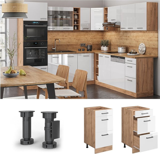 Vicco Küchenunterschrank R-Line mit Schubladen in Weiß Hochglanz und Eiche, Breite: 40 cm - Bild 1