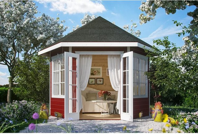 Skan Holz Pavillon Almelo aus nordischer Fichte mit Spitzdach in Rot, B/T: 350 x 303 cm - Bild 1