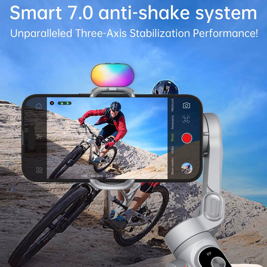AOCHUAN Smart XPro 3-Achsen-Smartphone-Gimbal-Stabilisator mit RGB-Video-Fülllicht für iPhone und Android, Grau - Bild 4