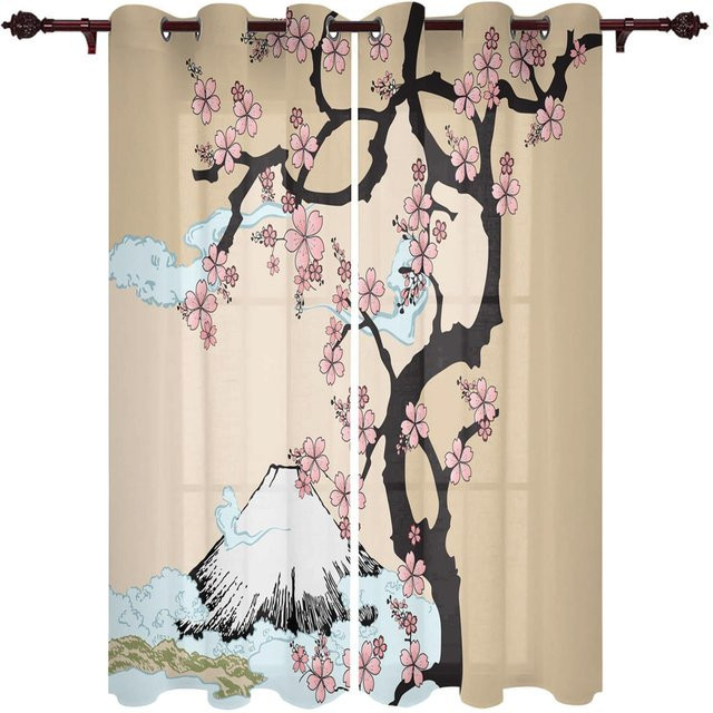 Super Six Sakura Fenstervorhänge im japanischen Stil mit floralem Design, halbtransparent, Mehrfarbig, B: 135 cm, H: 160 cm, 2er-Set - Bild 1