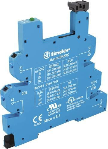 Finder Relaissockel 93.60.7.024 mit Haltebügel, LED und EMV-Entstörbeschaltung, passend für Serie 34, Blau - Bild 1