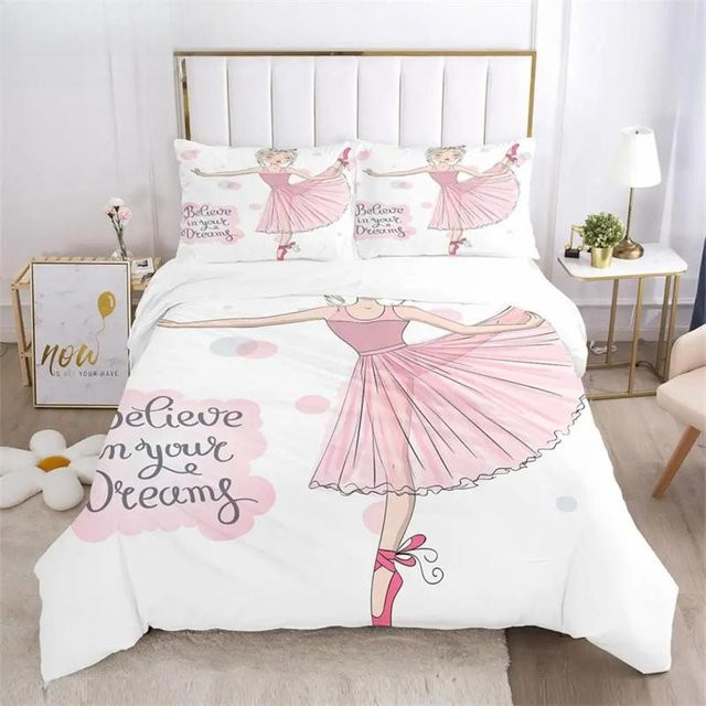 Bettwäscheset Cartoon Ballettmädchen mit Bettbezug und Kissenbezügen in Weiß, 3D-Druck aus Mikrofaser, B/H: 70 x 133 cm - Bild 1