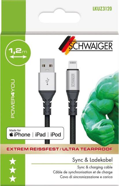 Schwaiger Type A Lightning Sync und Ladekabel USB-A auf Lightning in Schwarz, 1,2 m - Bild 1