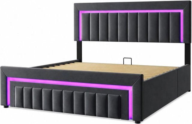 okwish Polsterbett mit LED-Beleuchtung und Schubladen in Grau, B/T: 160 x 200 cm - Bild 1