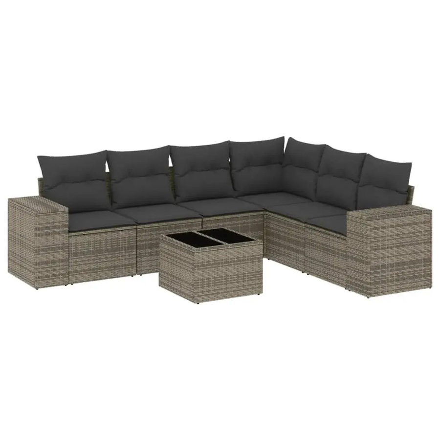 vidaXL 7-tlg. Garten-Sofagarnitur in L-Form aus grauem Poly-Rattan mit Kissen und pulverbeschichtetem Stahlgestell - Bild 2