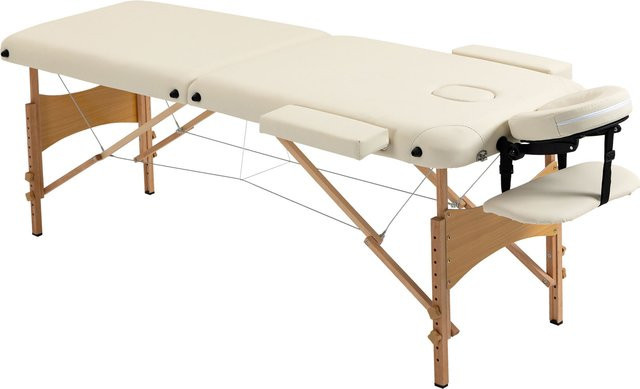 HOMCOM Massagetisch klappbare Massageliege höhenverstellbare Massagebank mit Kopfstütze aus Buchenholz und Kunstleder in Creme/Beige - Bild 1