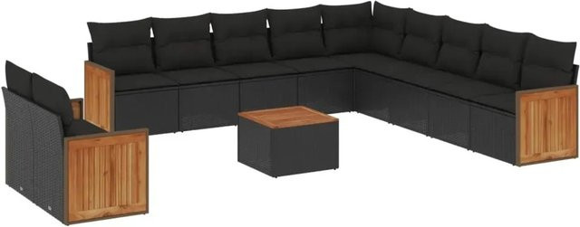 vidaXL 12-teilige Garten-Sofagarnitur aus Poly-Rattan und Akazienholz in Schwarz mit Kissen - Bild 1