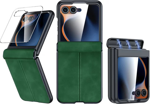 Motorola Razr 70 2025 / 60 2025 / Razr 50 2024 Schutzhülle aus mattem PU-Leder mit Scharnierschutz und Displayschutzfolie in Grün - Bild 1