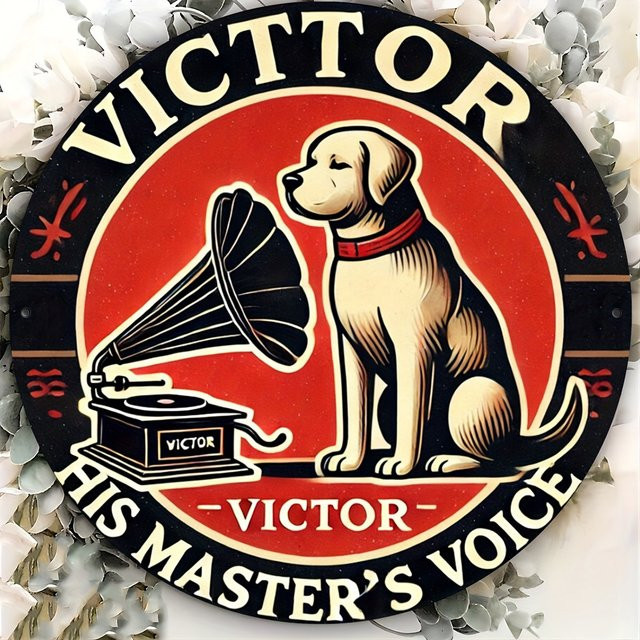 Rundes Aluminium-Wandschild von Potdemiel im Vintage-Stil mit Victor His Master's Voice Motiv, Schwarz, Durchmesser: 20 cm - Bild 1