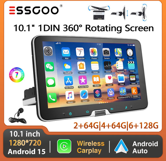 ESSGOO Android 15 Autoradio mit 10,1 Zoll drehbarem Touchscreen, Wireless Carplay, GPS, Bluetooth, Wi-Fi und Mikrofon, Schwarz - Bild 1
