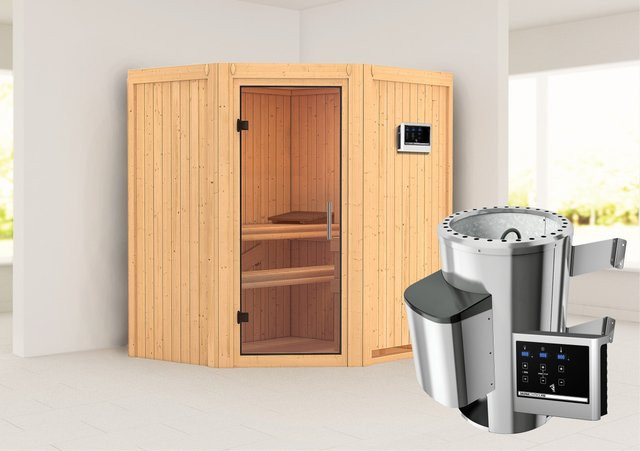 Karibu Sauna TONJA in Braun mit 3,6 kW Ofen, externer Steuerung und Klarglastür, B/T/H: 170 x 151 x 202 cm - Bild 1