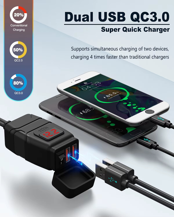 Wasserdichtes Motorrad USB Ladegerät QC3.0 mit Voltmeter und USB-C Anschluss, 12V Lenker Adapter in Schwarz oder Blau - Bild 2