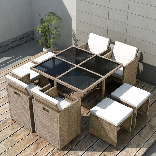 vidaXL 9-tlg Garten-Essgruppe aus Poly Rattan mit Auflagen in Beige - Bild 2