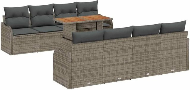 vidaXL Garten-Sofa-Set aus Poly-Rattan in Grau, 9-teiliges U-förmiges Set mit Polsterkissen und Stauraum - Bild 1