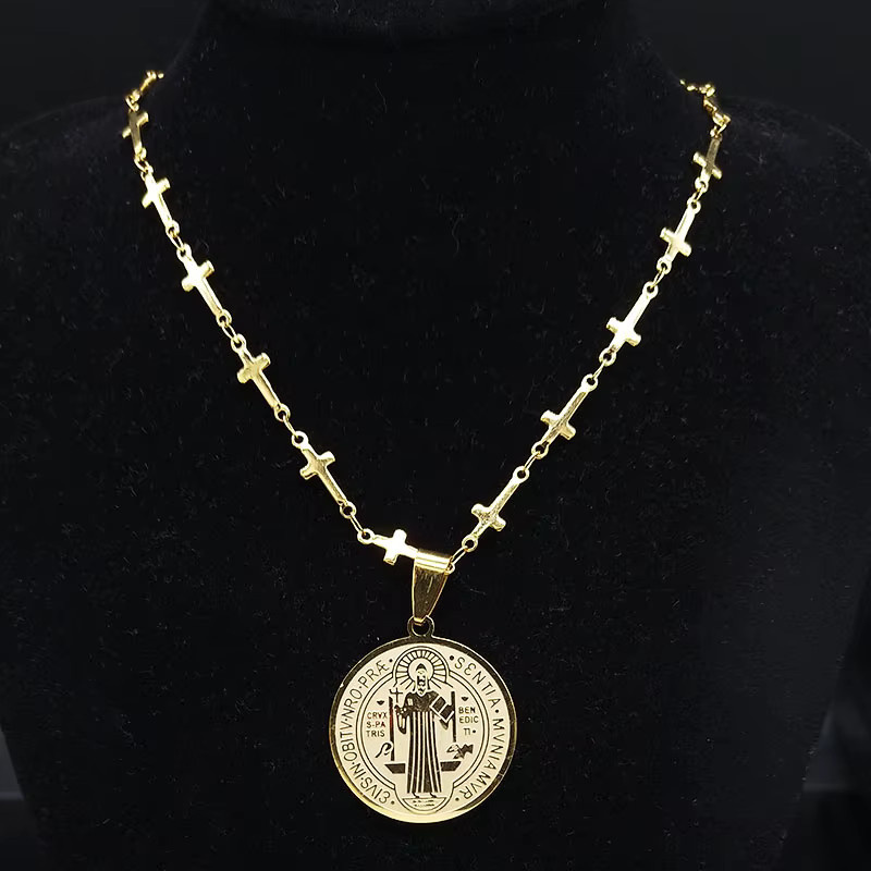 AFAWA Halskette Medaille des Heiligen Benedikt, Edelstahl, goldfarben, Damen - Bild 2