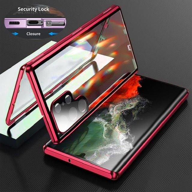 Snap-Lock Handyhülle mit 360 Metallrahmen und doppelseitigem Glas für Samsung Galaxy S24 FE sowie S21 bis S26 Ultra Plus inklusive Linsenschutz, Rot - Bild 1