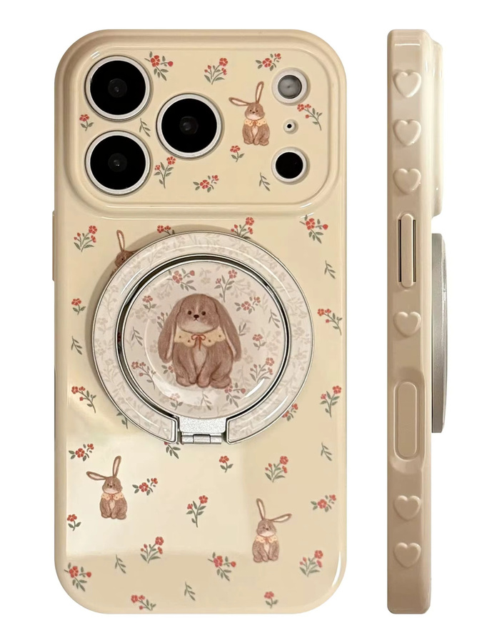 Beige Handyhülle mit niedlichem Kaninchen und rotem Blumenmuster für Apple iPhone 17 16 15 14 13 Pro Max inklusive Magnethalter mit Hängeohren - Bild 3