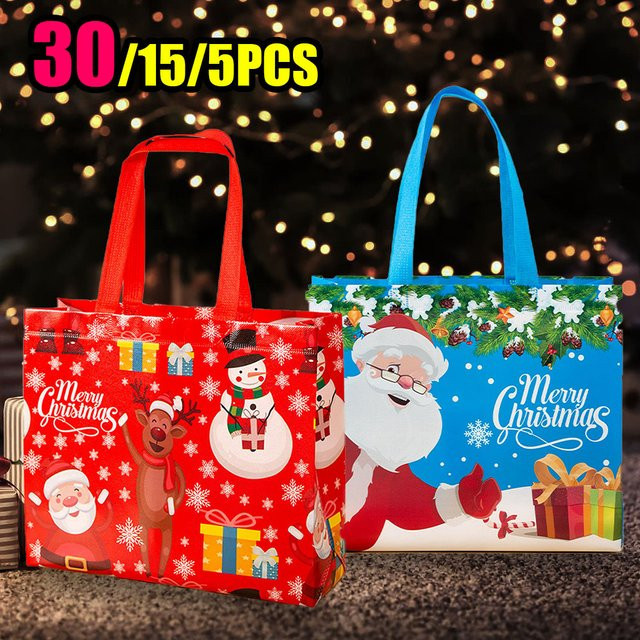 30 Stück Weihnachtliche Geschenktaschen aus verdicktem Vlies mit Santa, Elch und Schneeflocken Motiv in Blau, Wasserdichte Stoffbeutel für Weihnachtsgeschenke - Bild 1