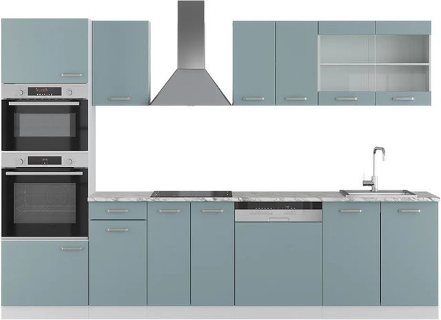 Vicco Küchenzeile R-Line Solid in Weiß, Blau und Grau mit Marmor-Arbeitsplatte, Breite: 300 cm - Bild 2