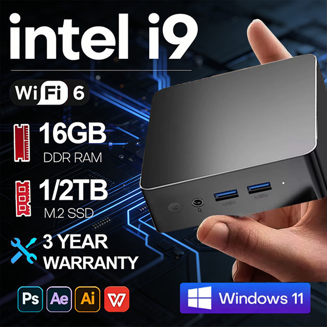 FUCHU Mini-PC mit Intel Core I9-10980HK, 16GB RAM, 500GB SSD, Windows 11, Schwarz - Bild 1