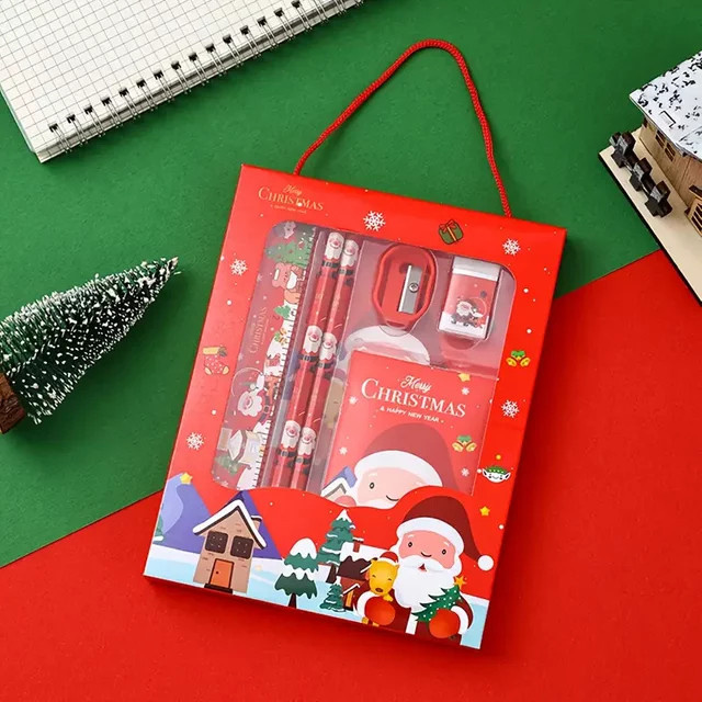 6er Set Weihnachts Schreibwaren Geschenkset in Grün mit Bleistift, Radiergummi, Lineal und Spitzer - Bild 1