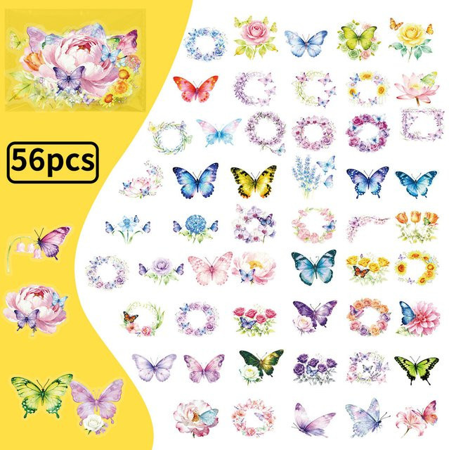 56 Stück Schmetterlings- und Blumenaufkleber von BulingBulingStickers Store, transparente PET-Aufkleber in Multicolour für DIY-Bastelbedarf - Bild 1