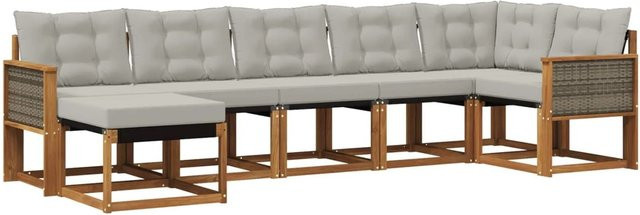 vidaXL Outdoor-Sofagarnitur L-Form aus Akazienholz mit Textilene und Kissen, 7-teiliges Set, Braun und Hellgrau - Bild 1