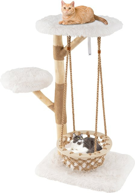 GOFLAME Katzenkratzbaum aus Holz im Boho-Design mit Hängekorb, Jute und echten Holzzweigen in Braun und Weiß - Bild 1