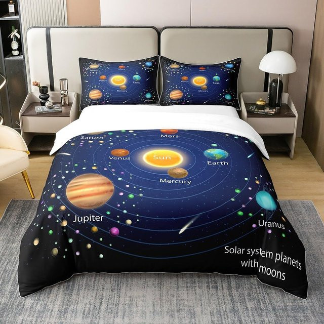 Weltraum Bettwäsche-Set Your Warm Home mit Planeten- und Sonnensystem-Motiv in Blau, B/H: 135 x 200 cm - Bild 1